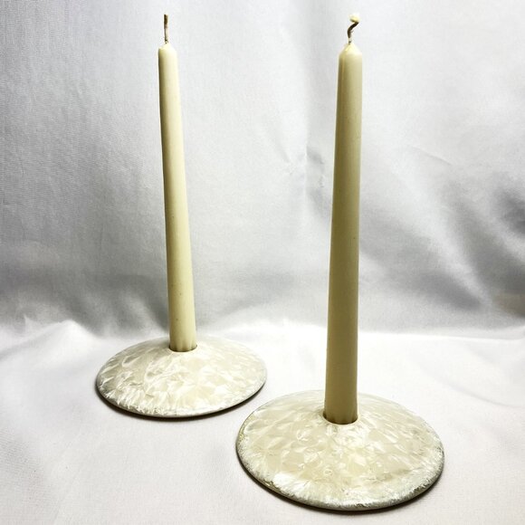 Pearlescent Ceramic Candlestick Holders Textured Modern Sculptural Accent Pair - Picture 3 of 8